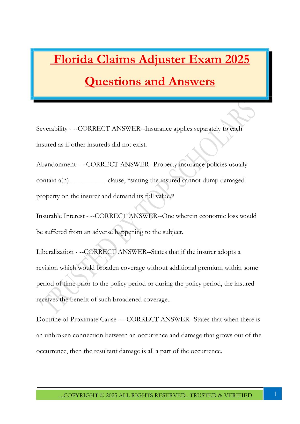 Florida Insurance Fall 2025 Bundled Exams Questions and Answers |100% Pass Updated & Verified