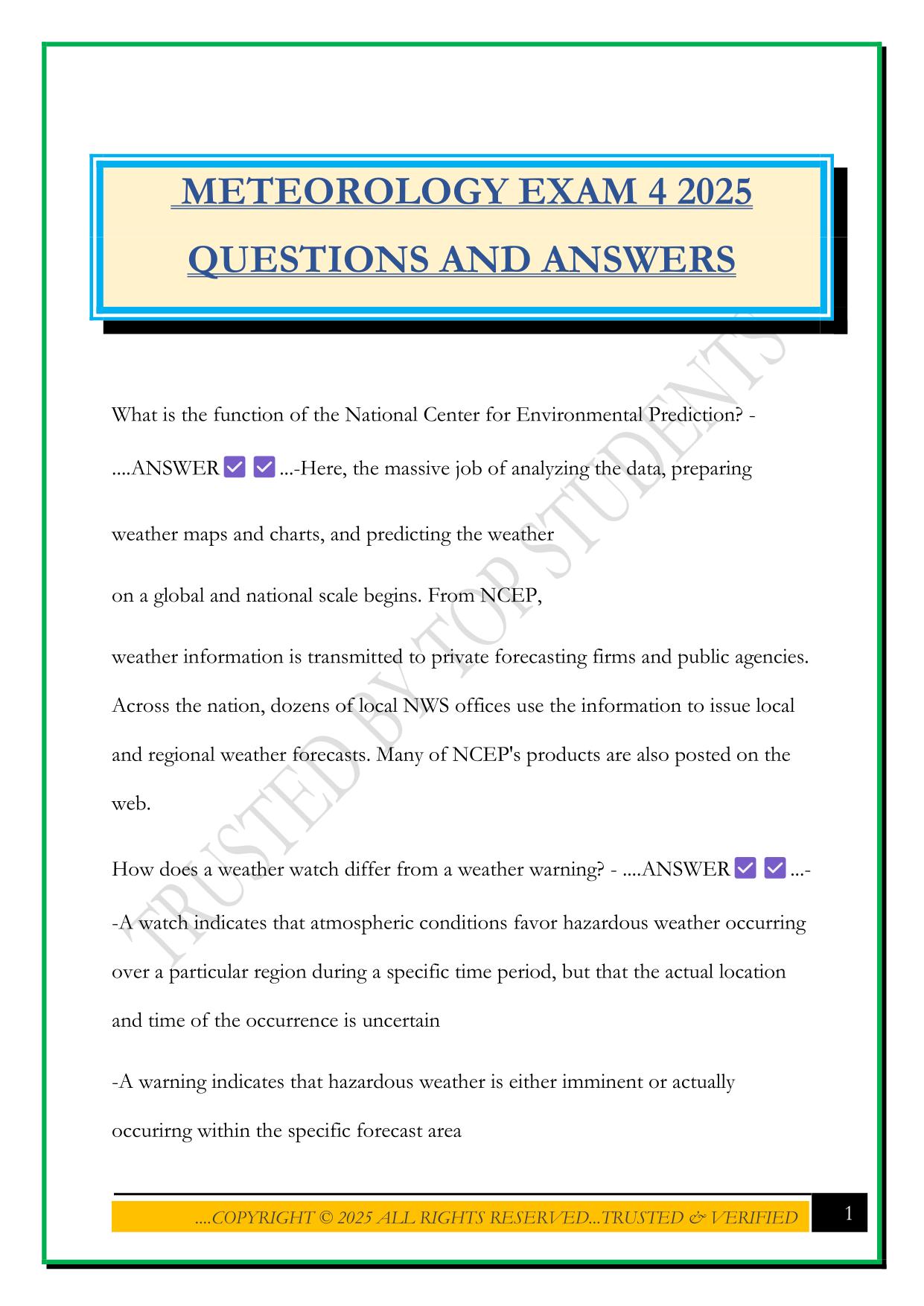 METEOROLOGY EXAM 4 2025 QUESTIONS AND ANSWERS