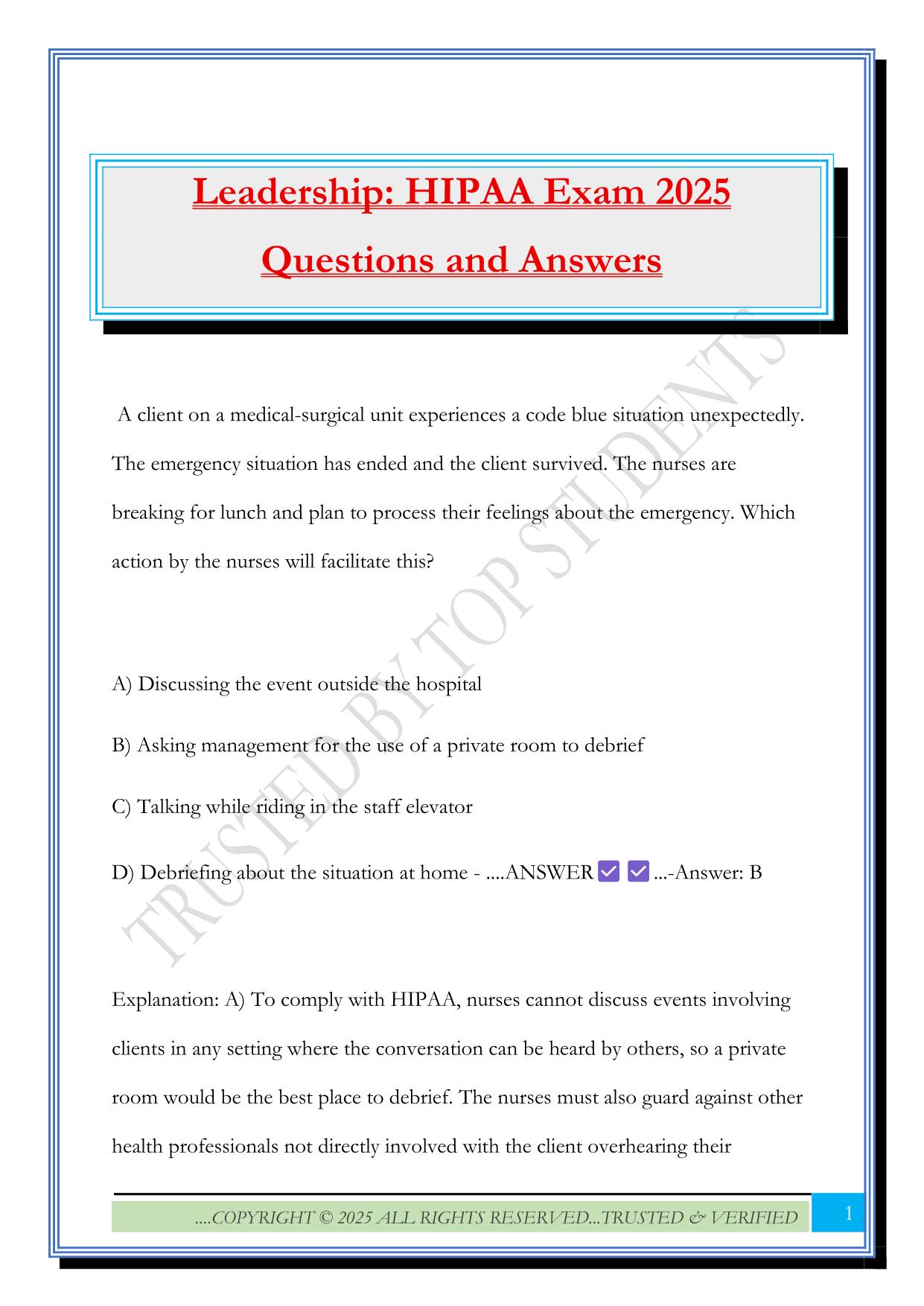 Leadership: HIPAA Exam 2025 Questions and Answers