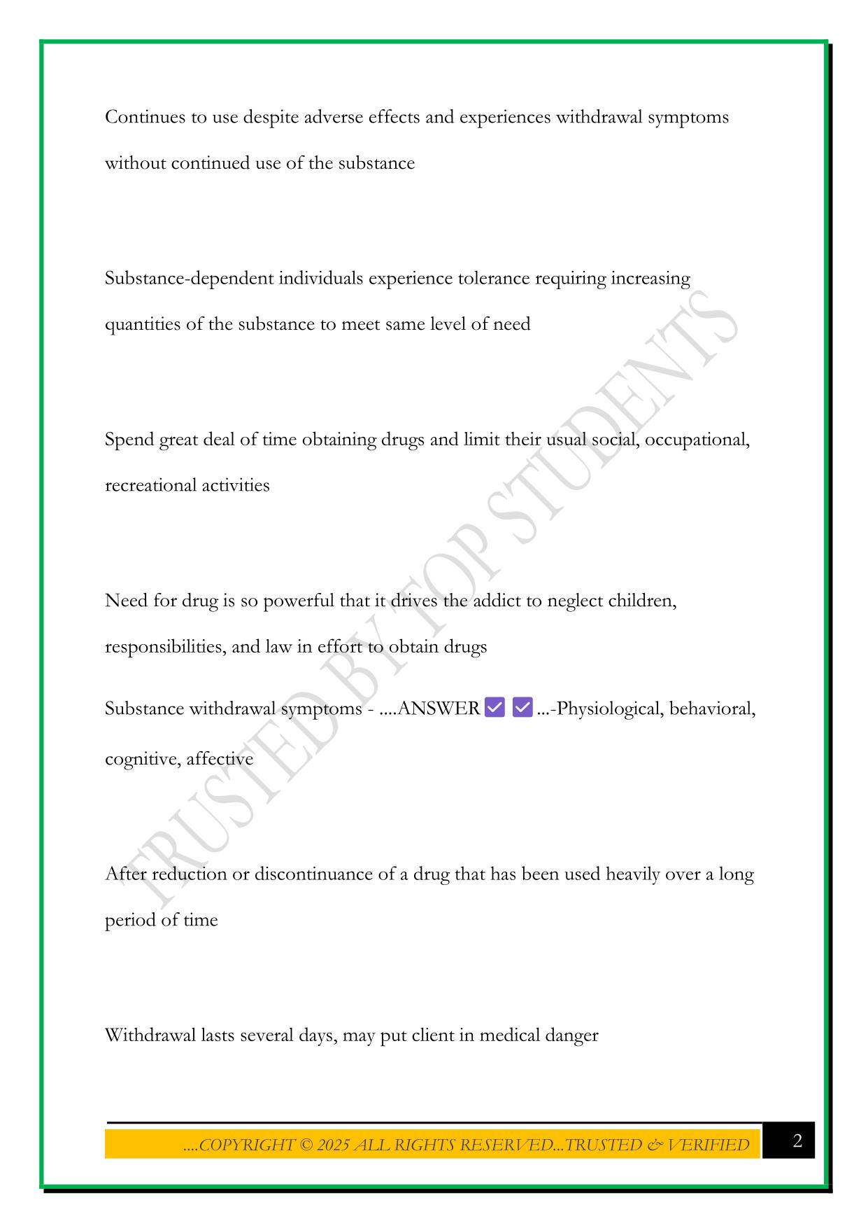 N244 ADDICTION, ADDICTION/SUBSTANCE ABUSE EXAM 2025 QUESTIONS AND ANSWERS