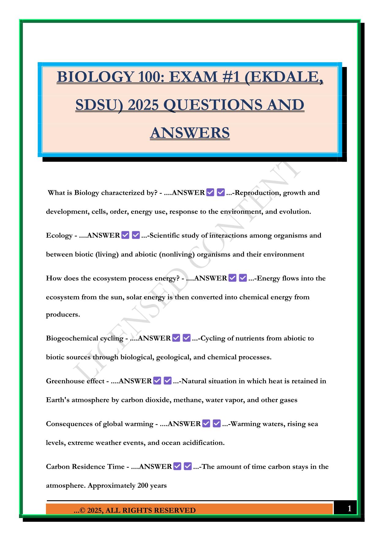 BIOLOGY 100: EXAM #1 (EKDALE, SDSU) 2025 QUESTIONS AND ANSWERS