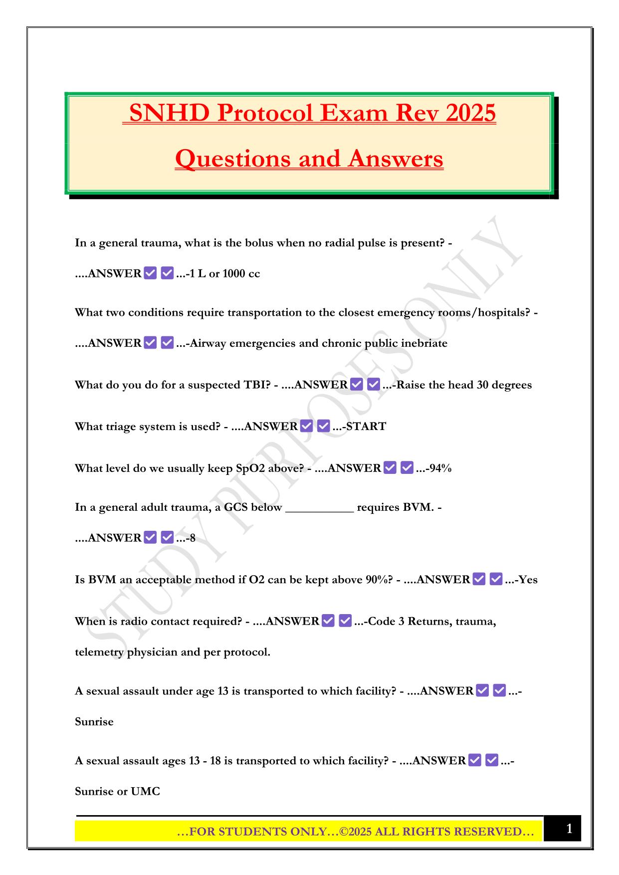 SNHD Protocol Exam Rev 2025 Questions and Answers