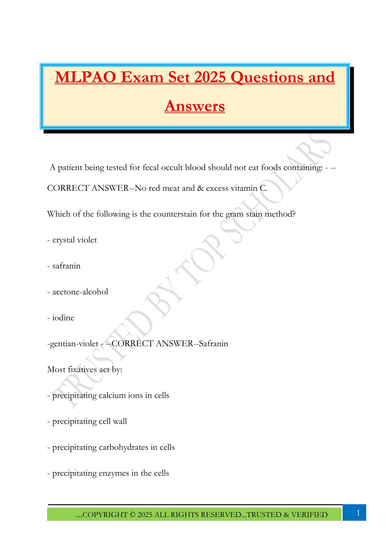 MLPAO Exam Set 2025 Questions and Answers