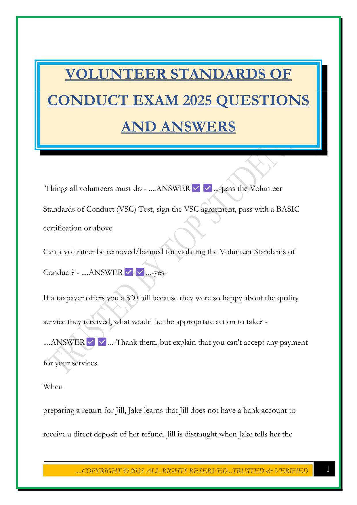 VOLUNTEER STANDARDS OF CONDUCT EXAM 2025 QUESTIONS AND ANSWERS