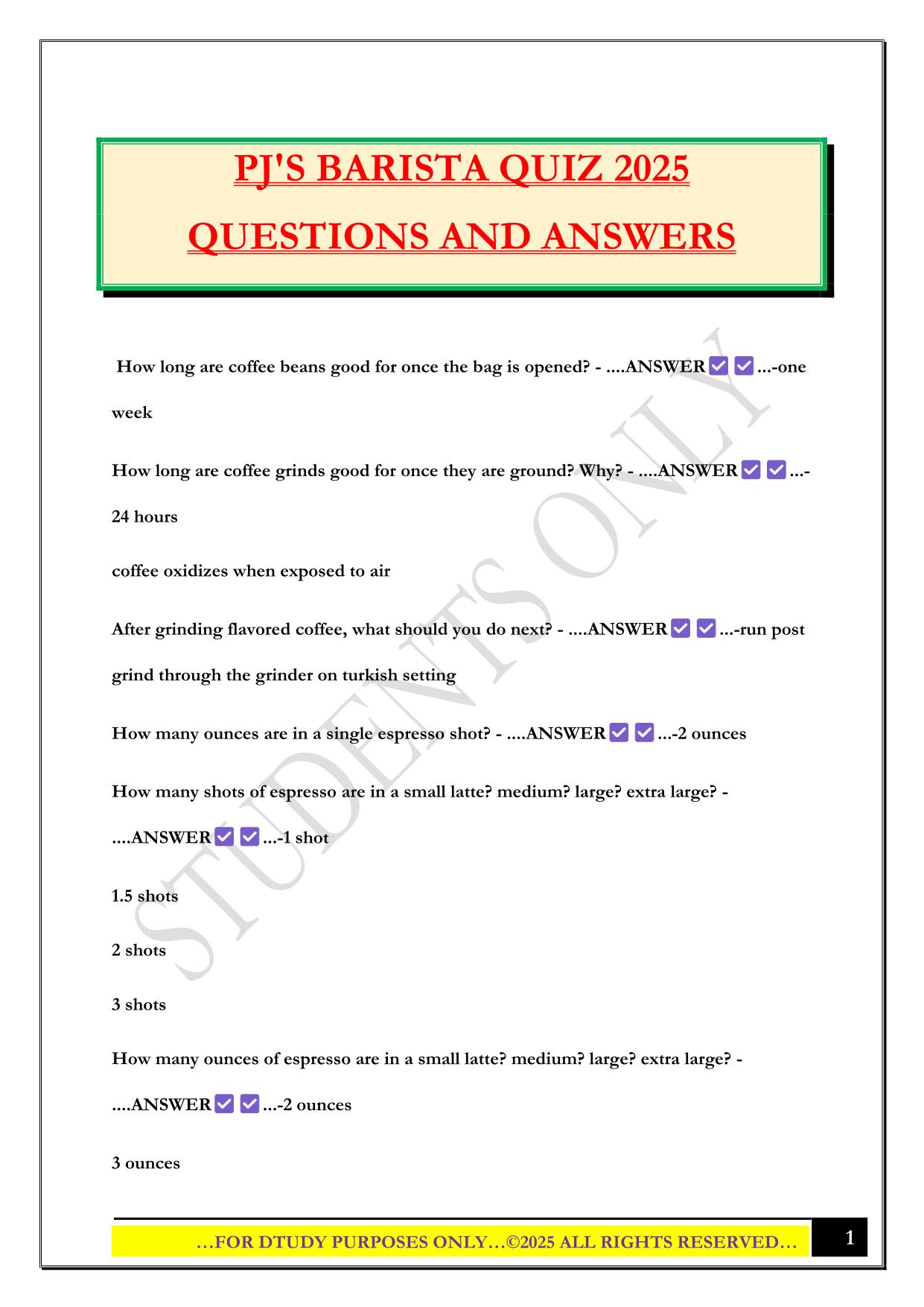 PJ'S BARISTA QUIZ 2025 QUESTIONS AND ANSWERS