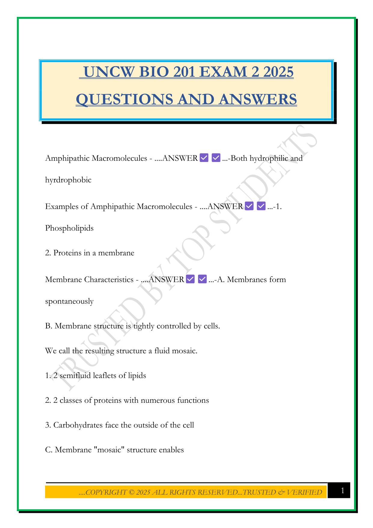 UNCW BIO 201 EXAM 2 2025 QUESTIONS AND ANSWERS