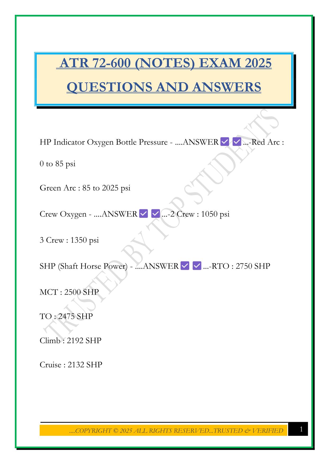 ATR 72-600 (NOTES) EXAM 2025 QUESTIONS AND ANSWERS