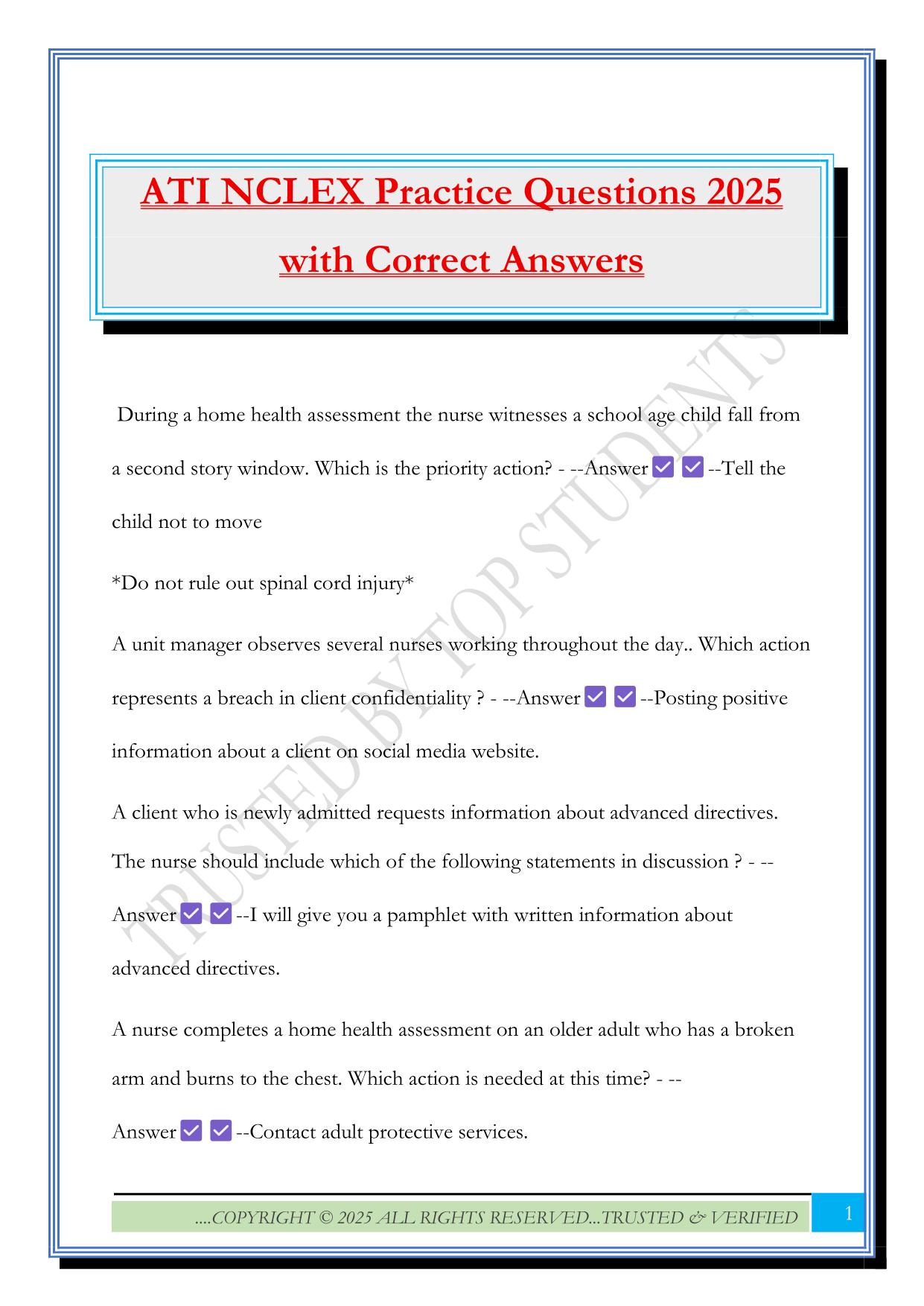 ATI NCLEX Practice Questions 2025 with Correct Answers