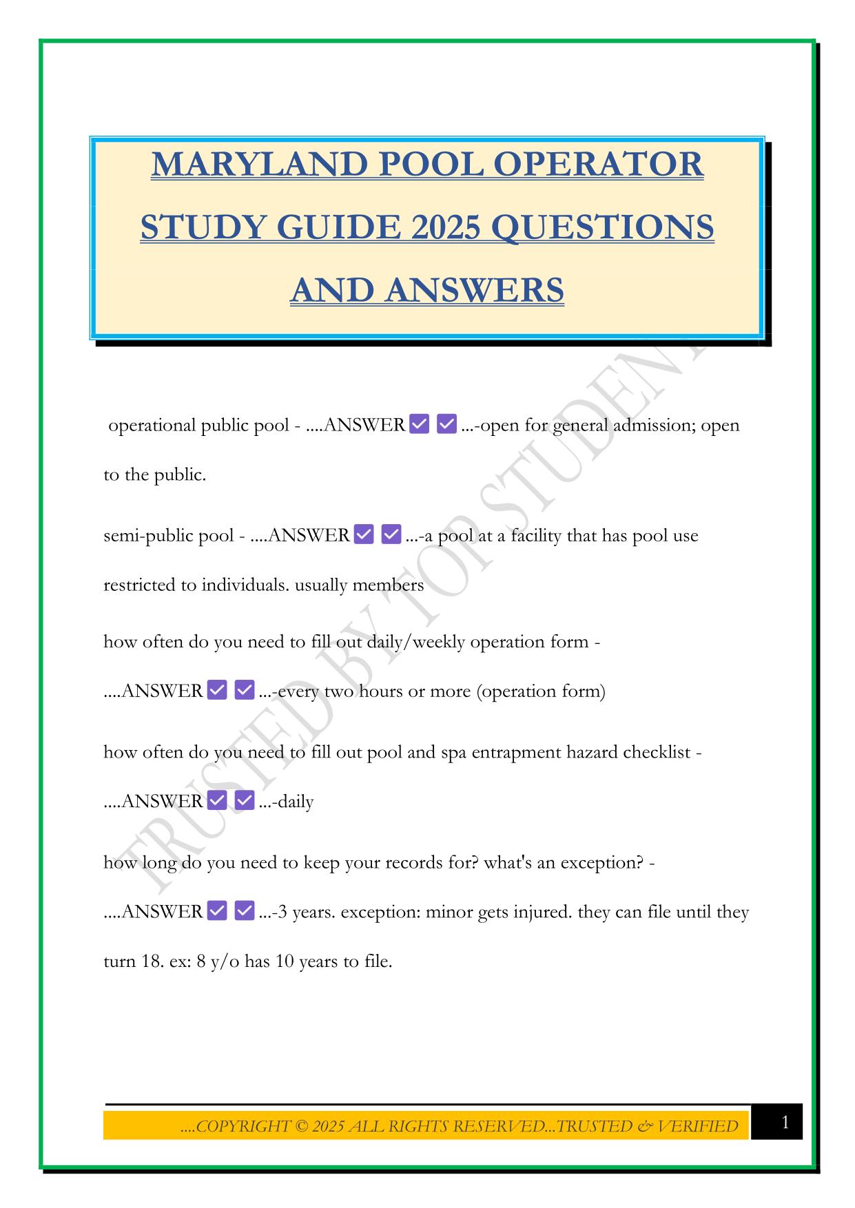 MARYLAND POOL OPERATOR STUDY GUIDE 2025 QUESTIONS AND ANSWERS