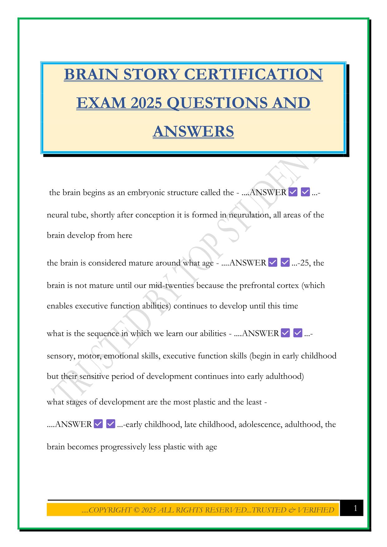 BRAIN STORY CERTIFICATION EXAM 2025 QUESTIONS AND ANSWERS