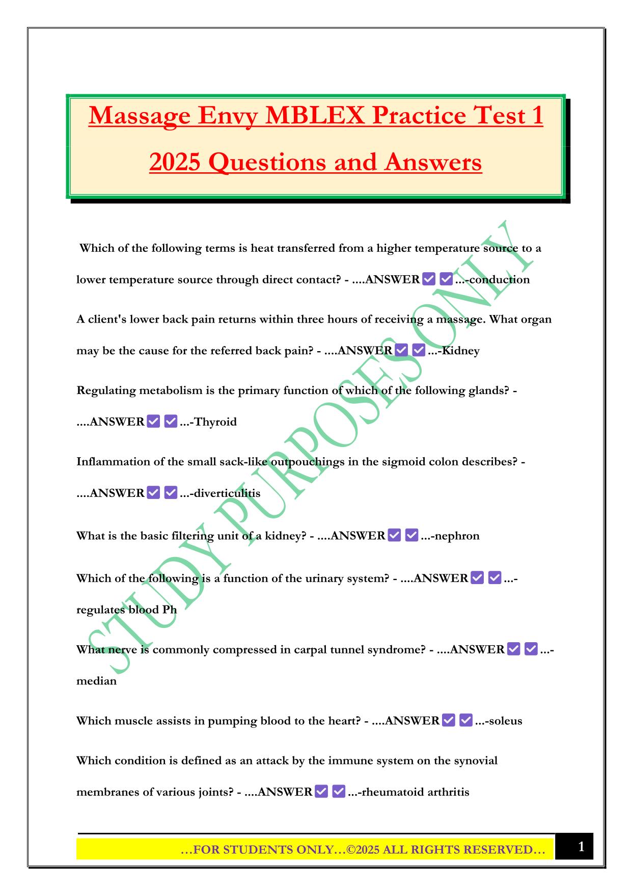Massage Envy MBLEX Practice Test 1 2025 Questions and Answers