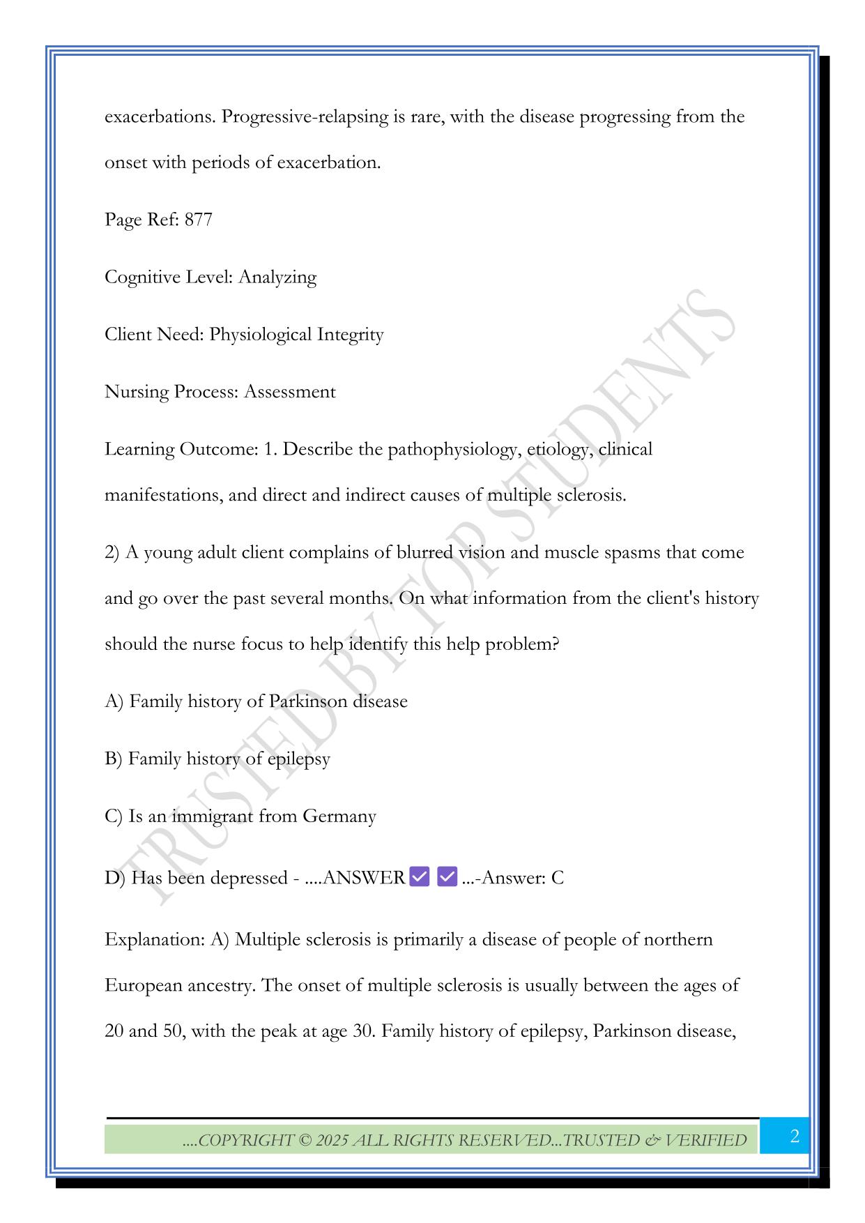 NUR200 - M2 - Multiple Sclerosis - NCLEX and ATI Exam 2025 Questions and Answers 100% Solved
