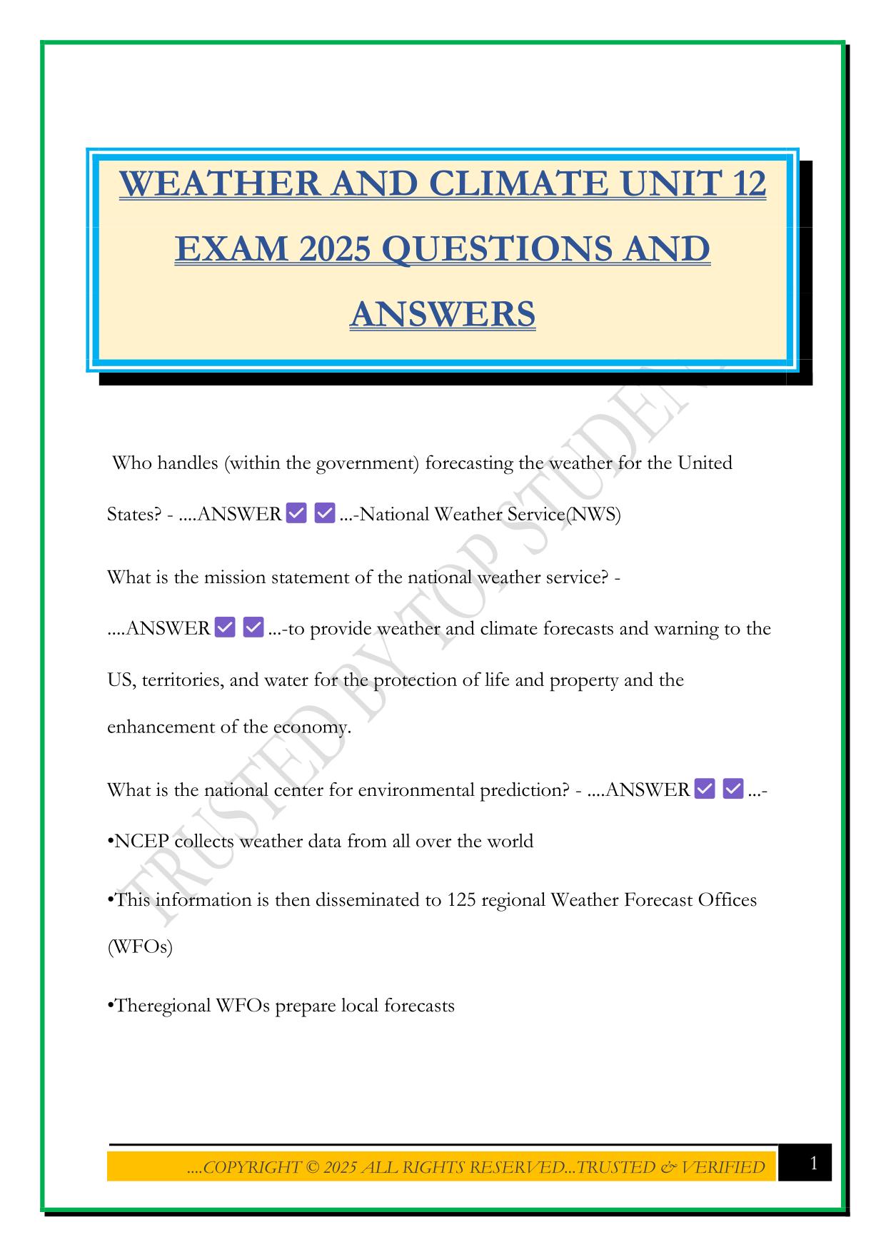 WEATHER AND CLIMATE UNIT 12 EXAM 2025 QUESTIONS AND ANSWERS