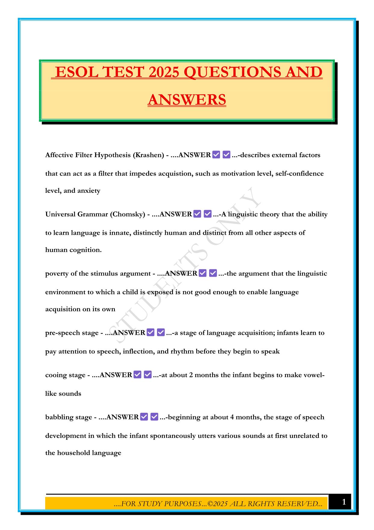 ESOL TEST 2025 QUESTIONS AND ANSWERS