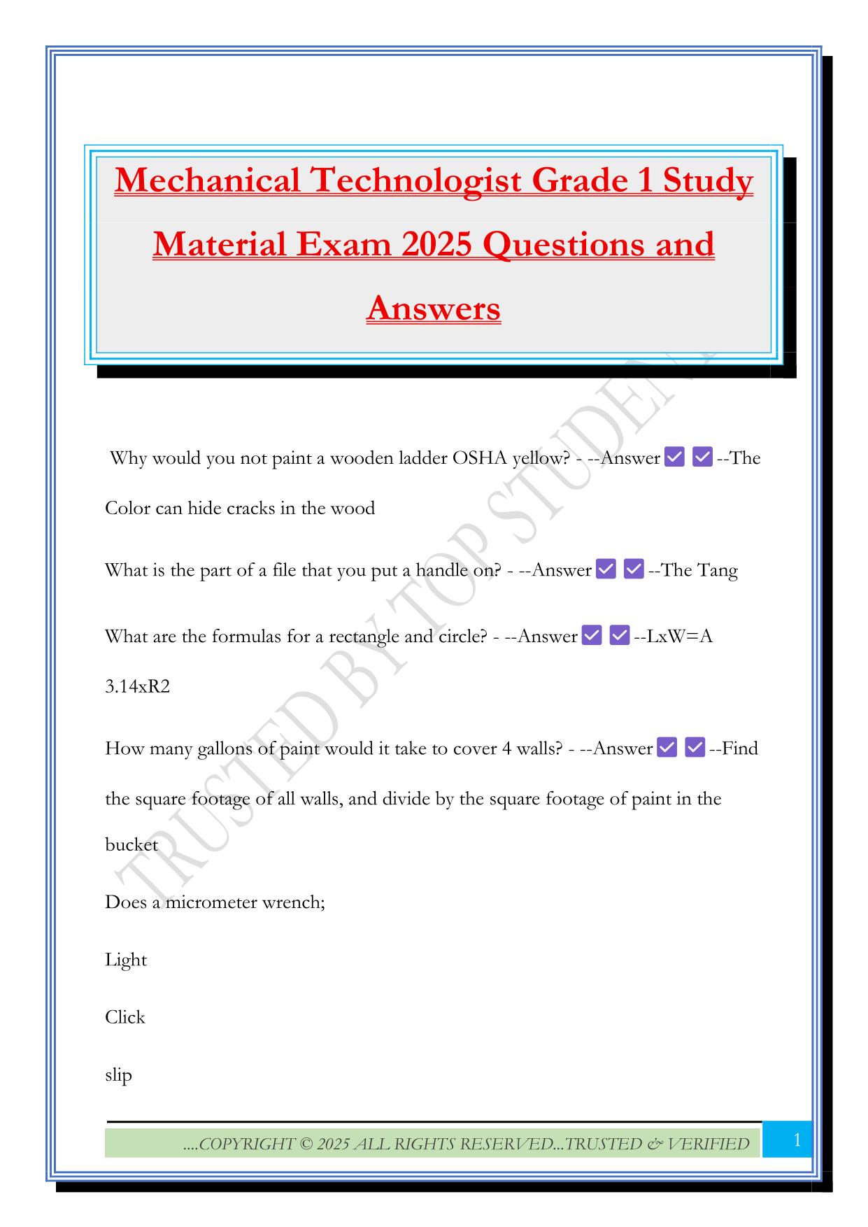 Mechanical Technologist Grade 1 Study Material Exam 2025 Questions and Answers