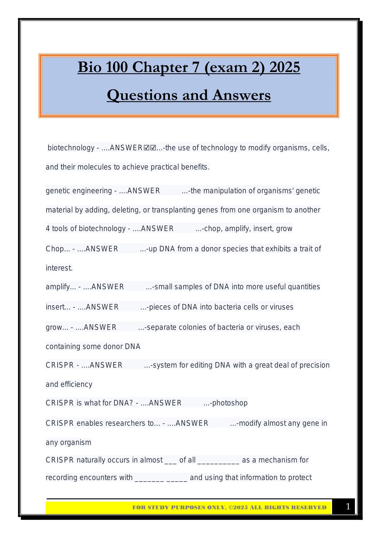 Bio 100 Chapter 7 (exam 2) 2025 Questions and Answers