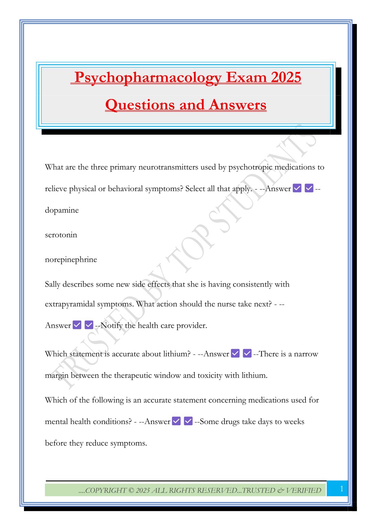 Psychopharmacology Exam 2025 Questions and Answers