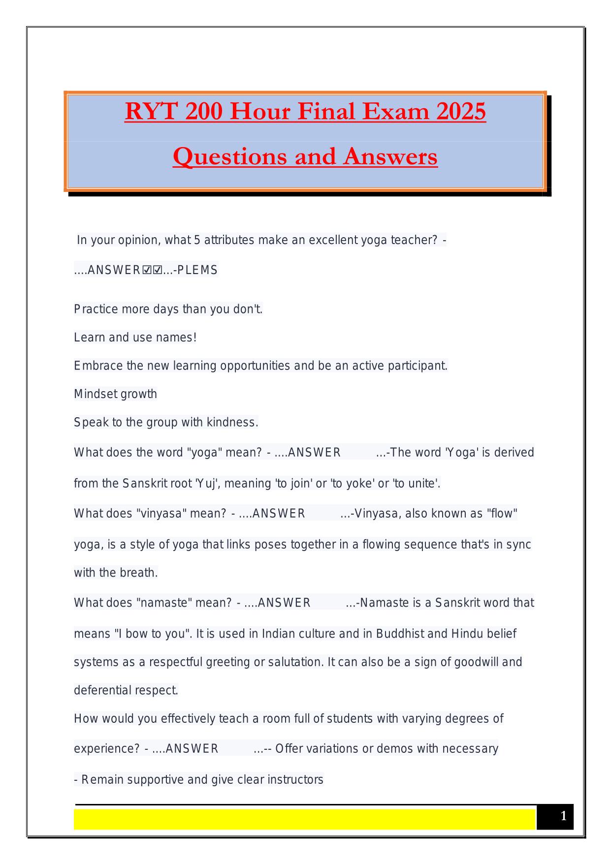 RYT 200 Hour Final Exam 2025 Questions and Answers