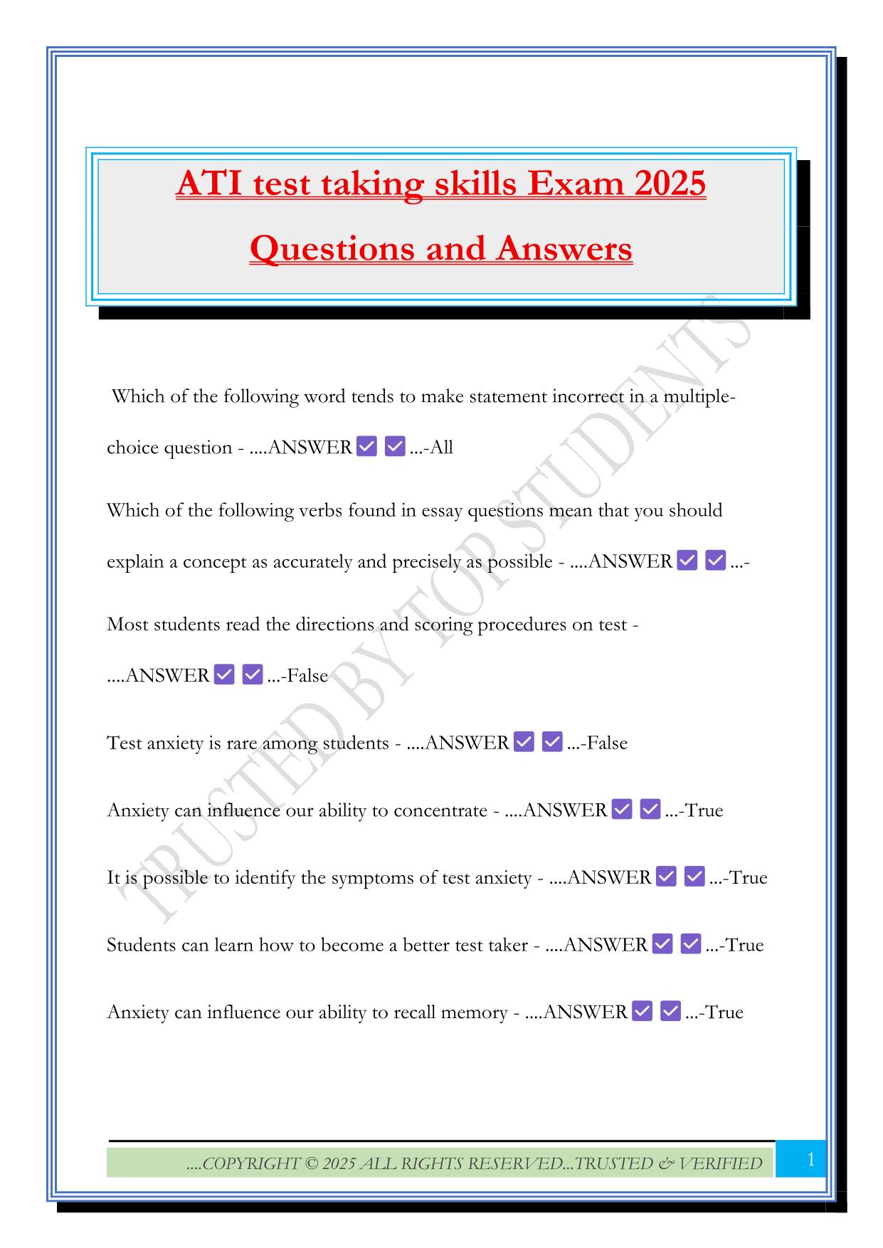 ATI test taking skills Exam 2025 Questions and Answers
