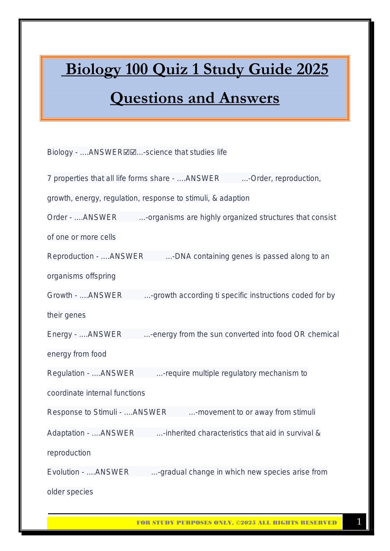 Bio 100 Bundled Exams 2025/2026 |Questions and Answers|100% Pass