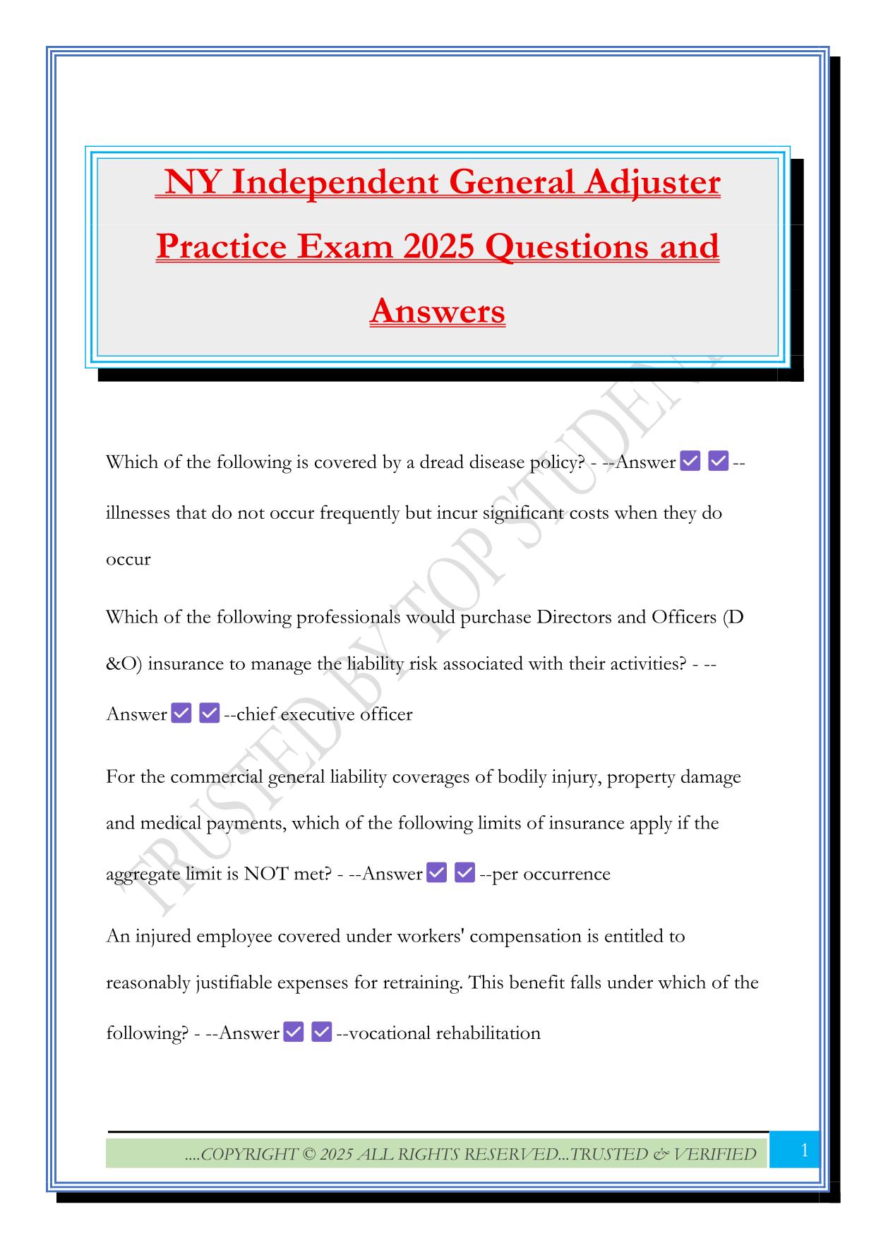 NY Independent General Adjuster Practice Exam 2025 Questions and Answers