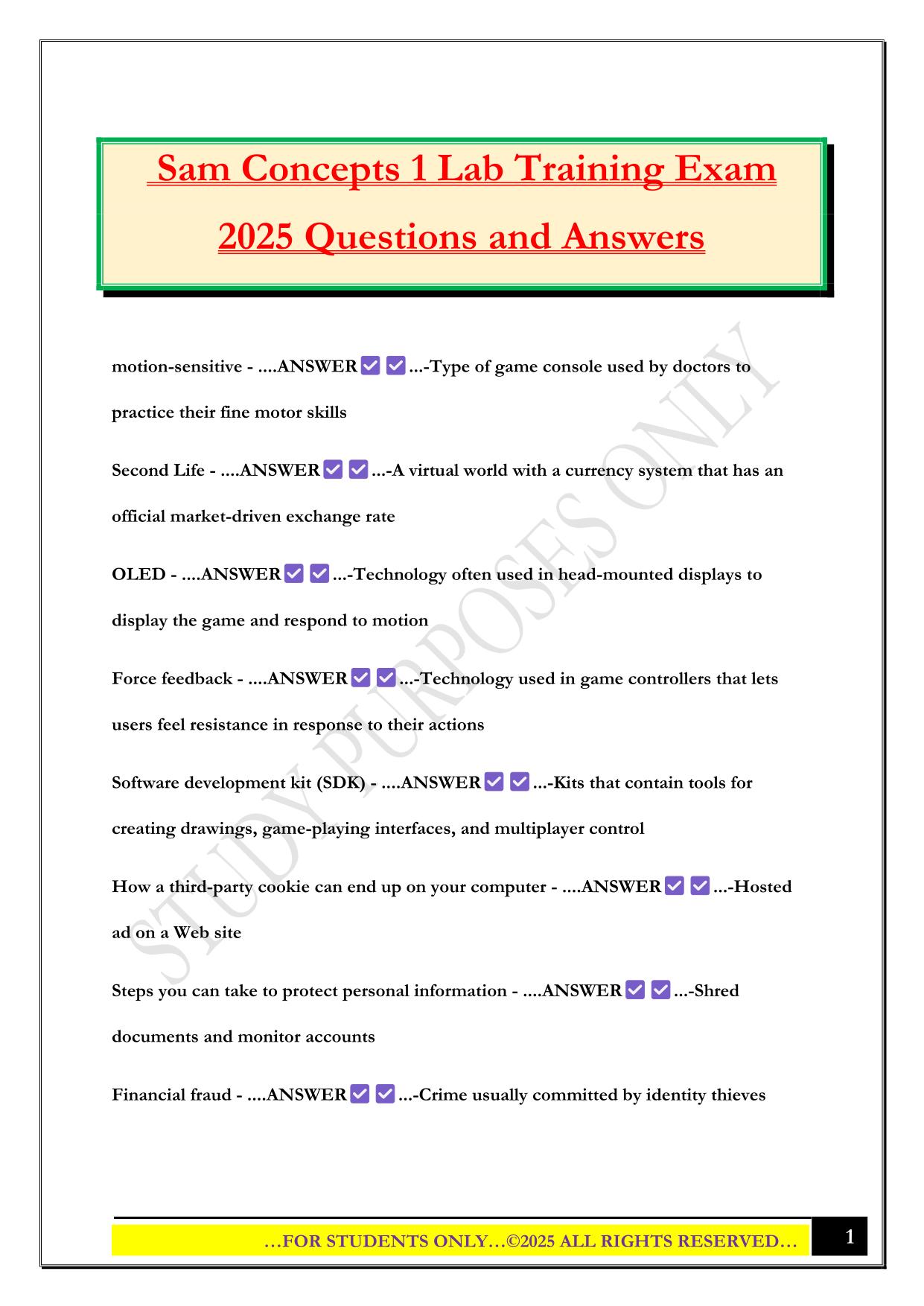 Sam Concepts 1 Lab Training Exam 2025 Questions and Answers