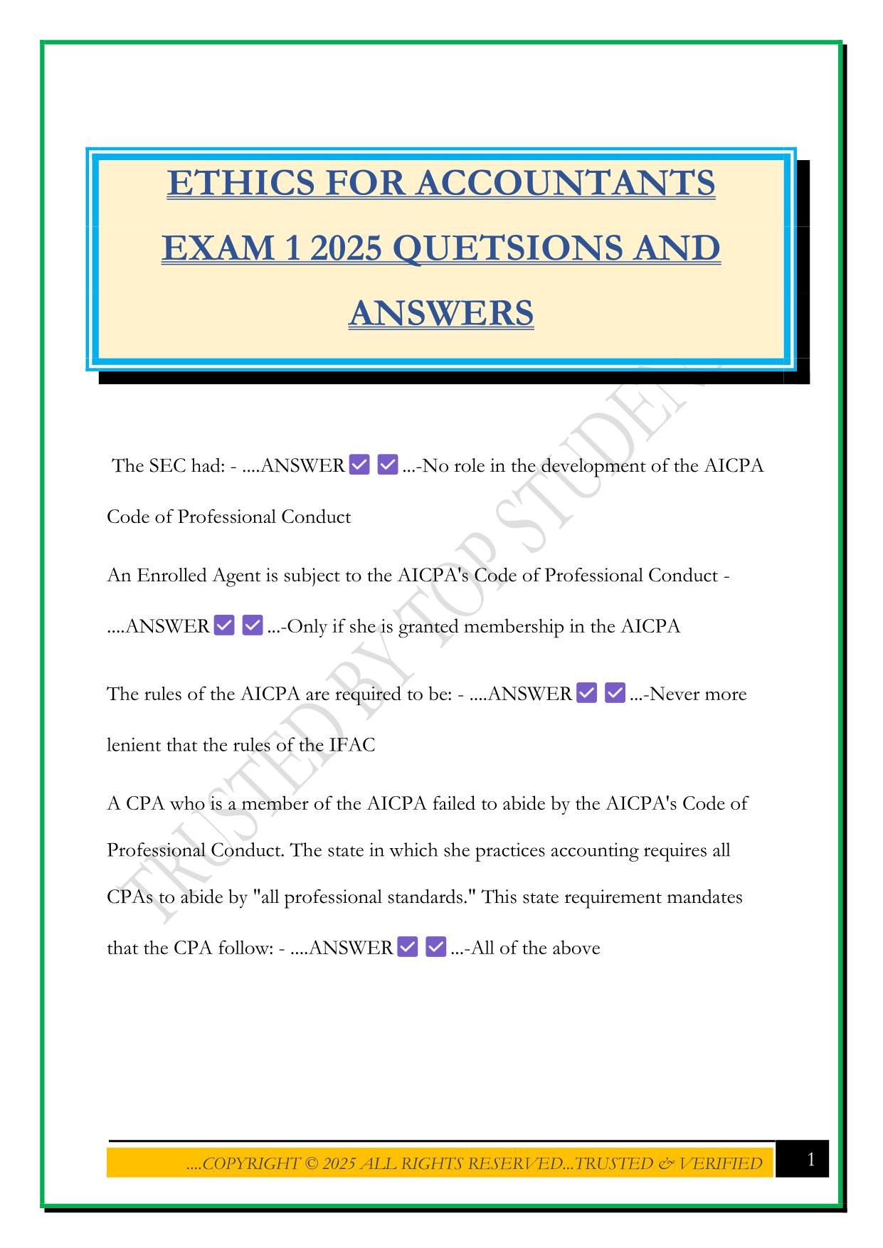 ETHICS FOR ACCOUNTANTS EXAM 1 2025 QUETSIONS AND ANSWERS