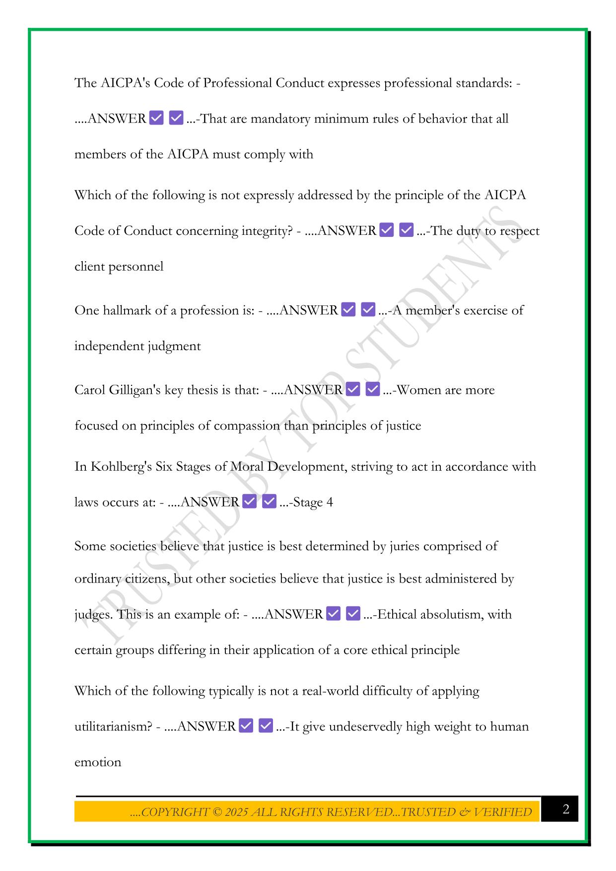 ETHICS FOR ACCOUNTANTS EXAM 1 2025 QUETSIONS AND ANSWERS