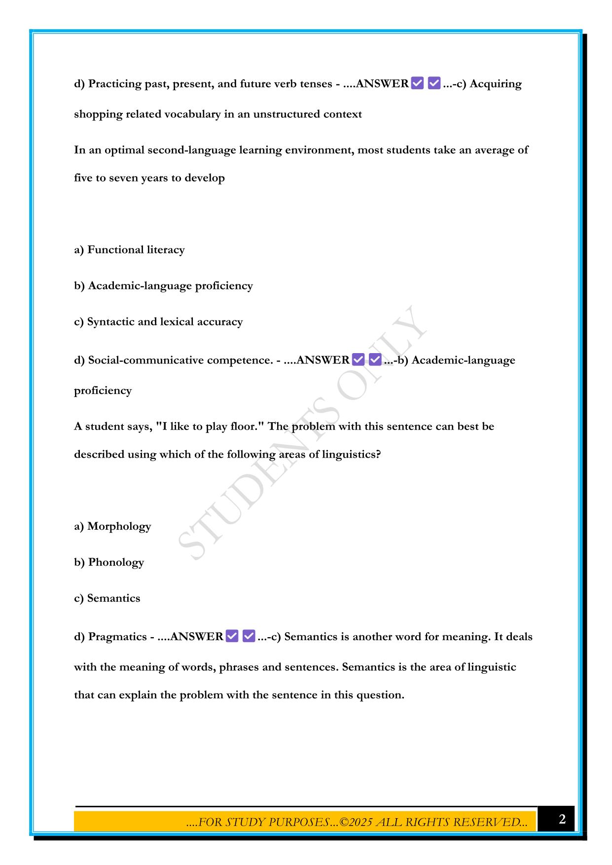 ESL TEST- SAMPLE QUESTIONS WITH CORRECT ANSWERS