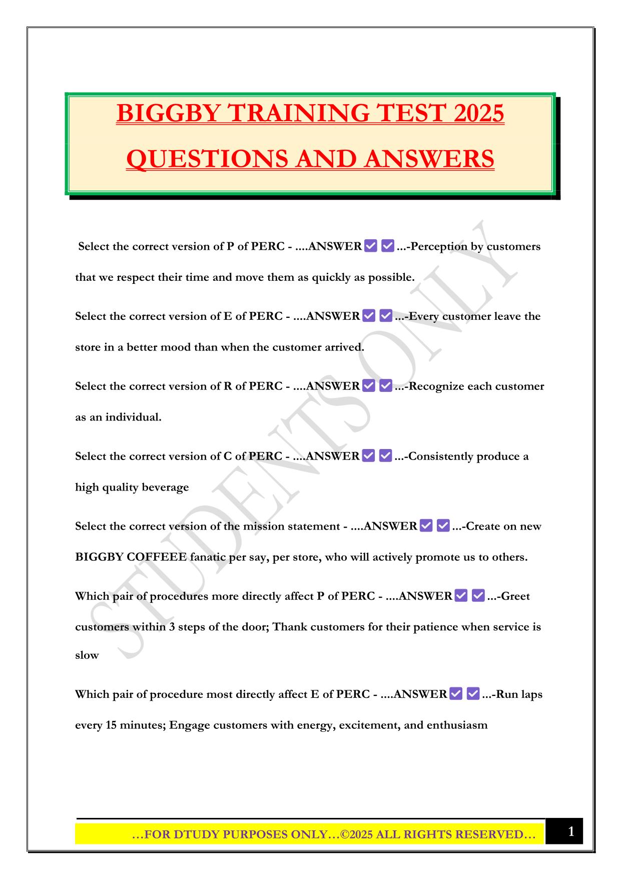 BIGGBY TRAINING TEST 2025 QUESTIONS AND ANSWERS