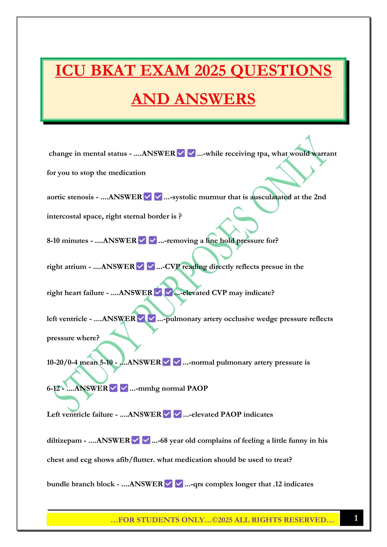 ICU BKAT EXAM 2025 QUESTIONS AND ANSWERS