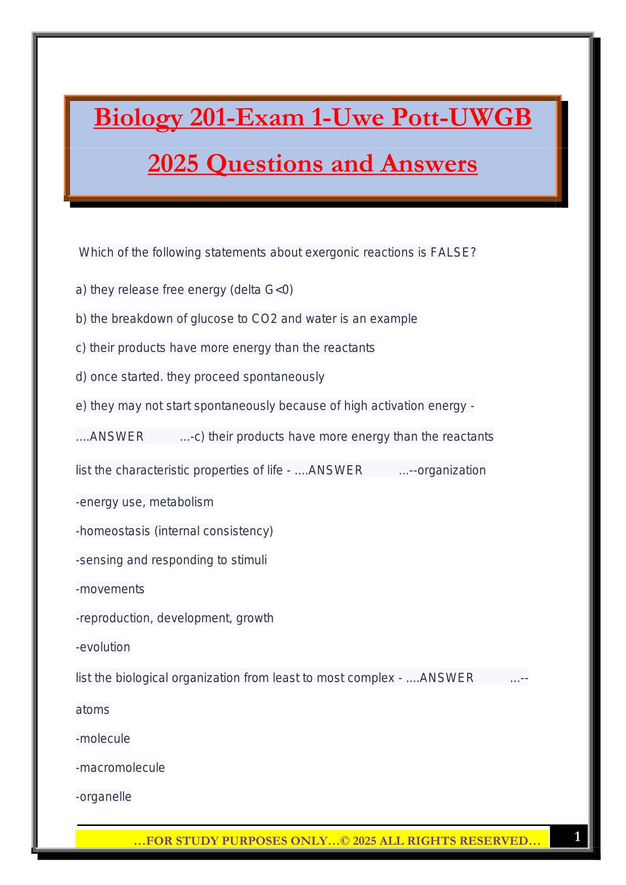 Biology 201-Exam 1-Uwe Pott-UWGB 2025 Questions and Answers
