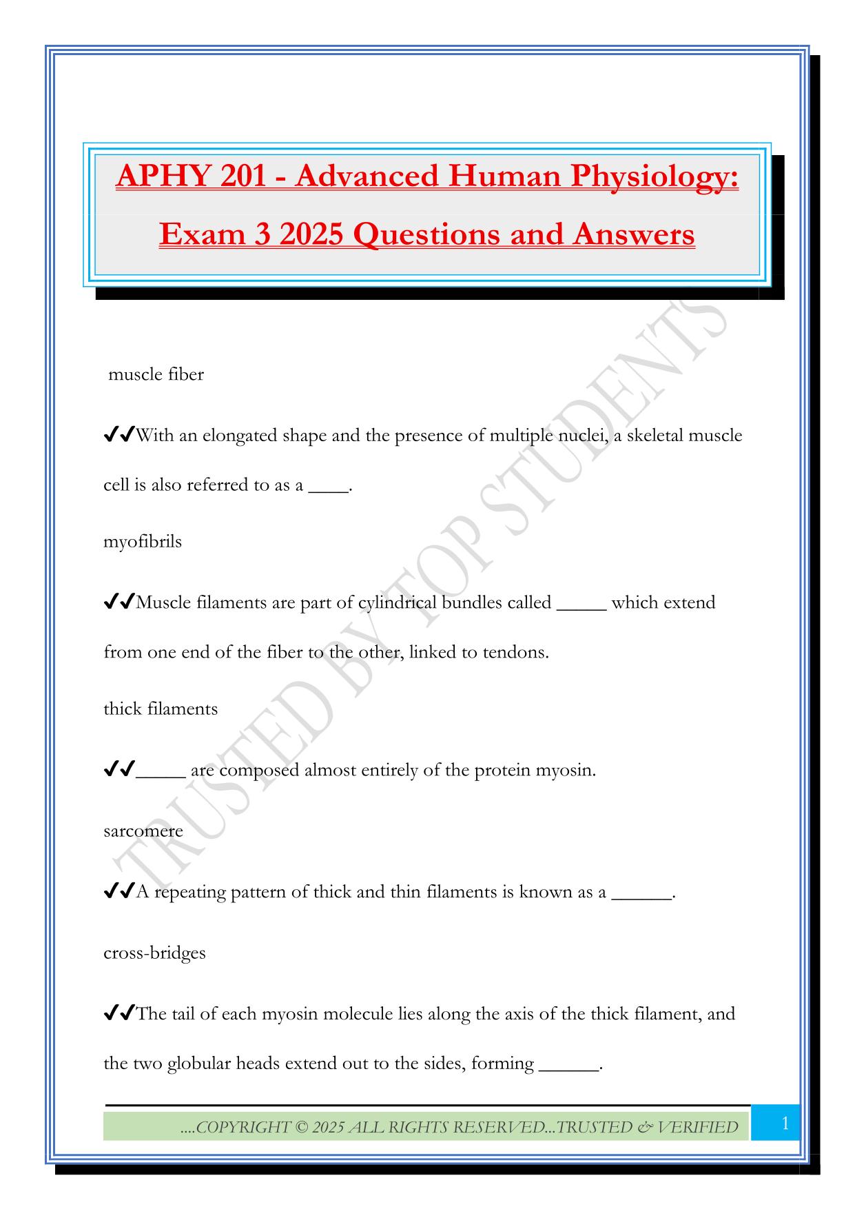 APHY 201 - Advanced Human Physiology: Exam 3 2025 Questions and Answers