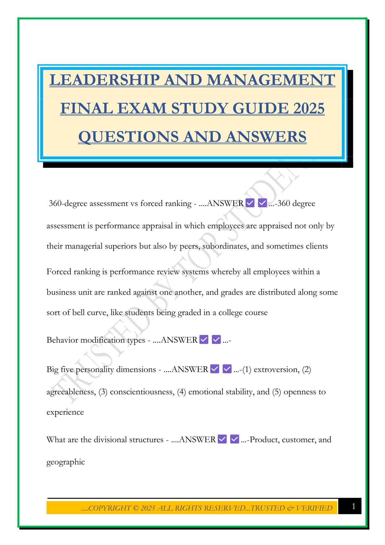 NURSING LEADERSHIP Bundled Exams Questions and Answers 100% Pass|Updated and Verified