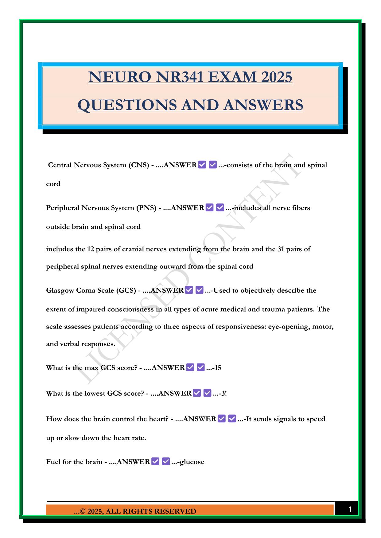 NEURO NR341 EXAM 2025 QUESTIONS AND ANSWERS