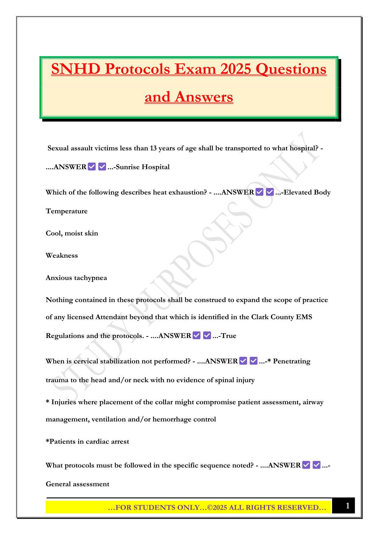 SNHD Protocols Exam 2025 Questions and Answers