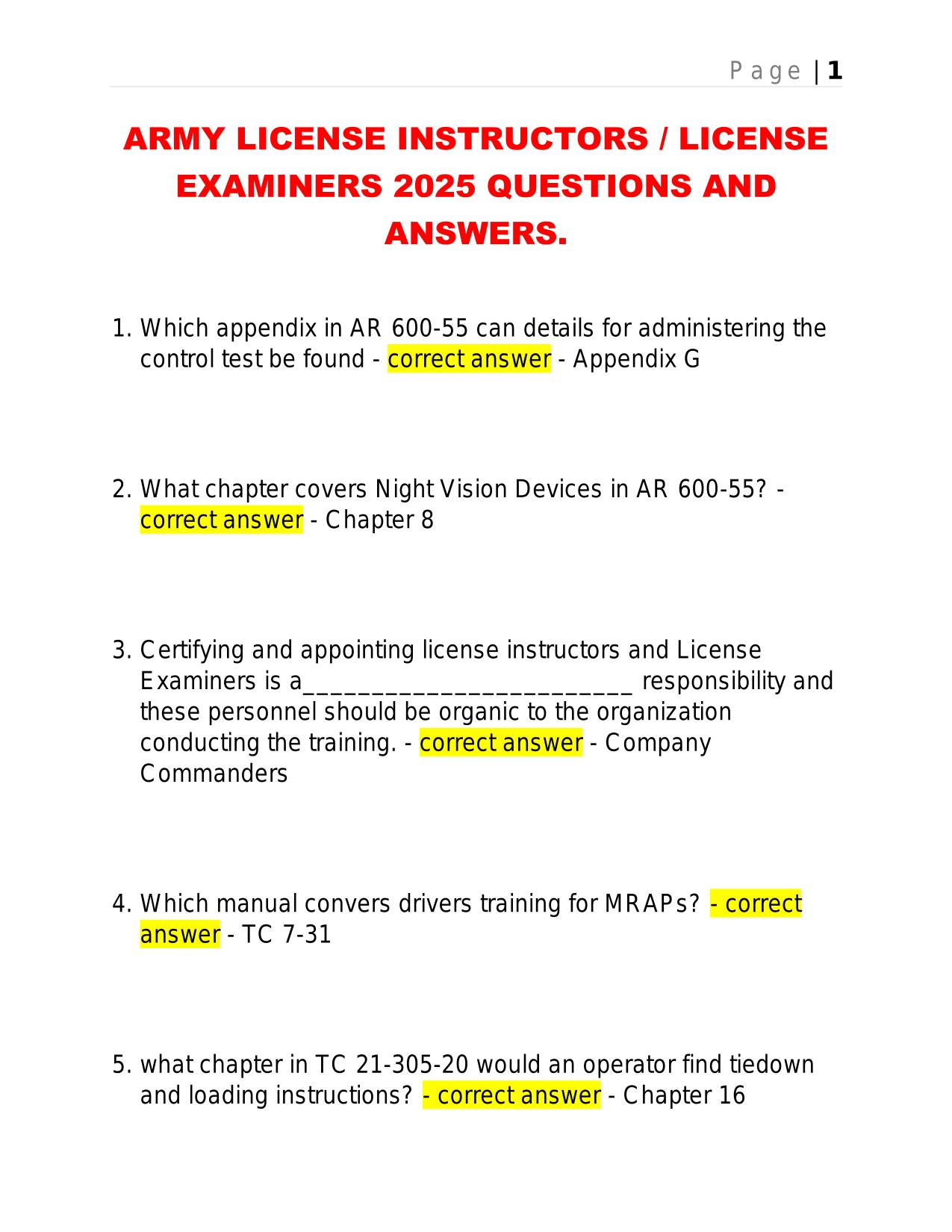 ARMY LICENSE INSTRUCTORS / LICENSE EXAMINERS 2025 QUESTIONS AND ANSWERS.