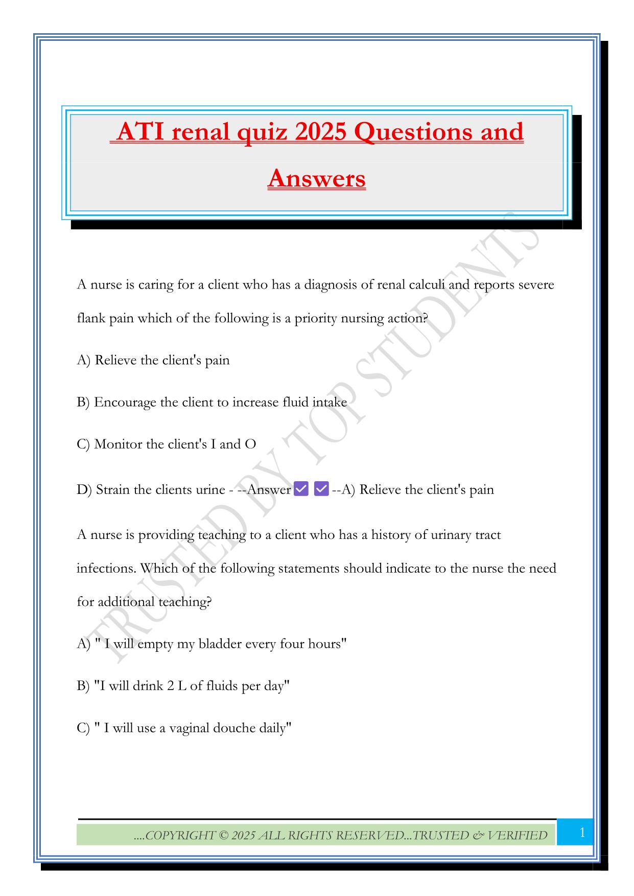 ATI renal quiz 2025 Questions and Answers
