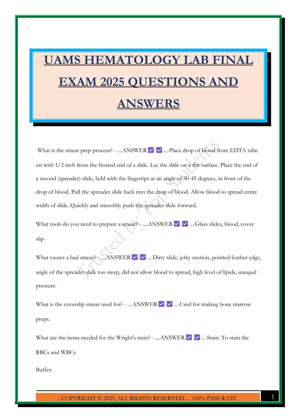 UAMS HEMATOLOGY LAB FINAL EXAM 2025 QUESTIONS AND ANSWERS