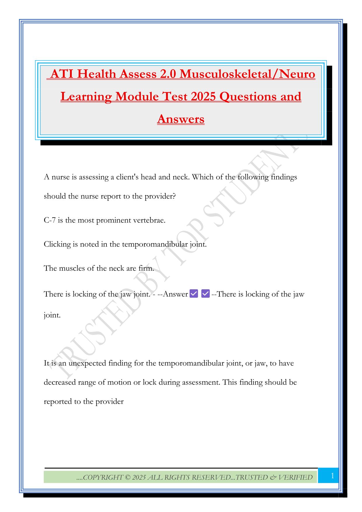 ATI Health Assess 2.0 Musculoskeletal/Neuro Learning Module Test 2025 Questions and Answers