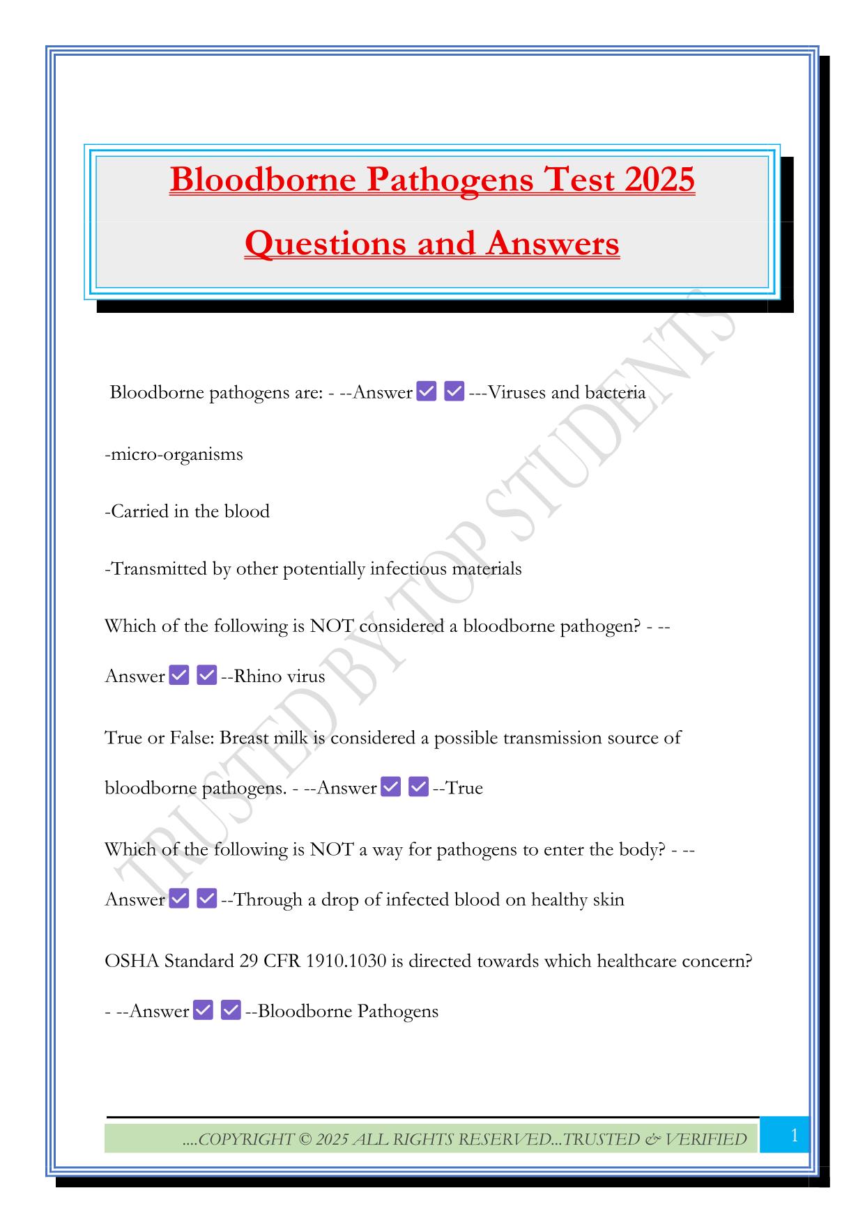 Bloodborne Pathogens Test 2025 Questions and Answers