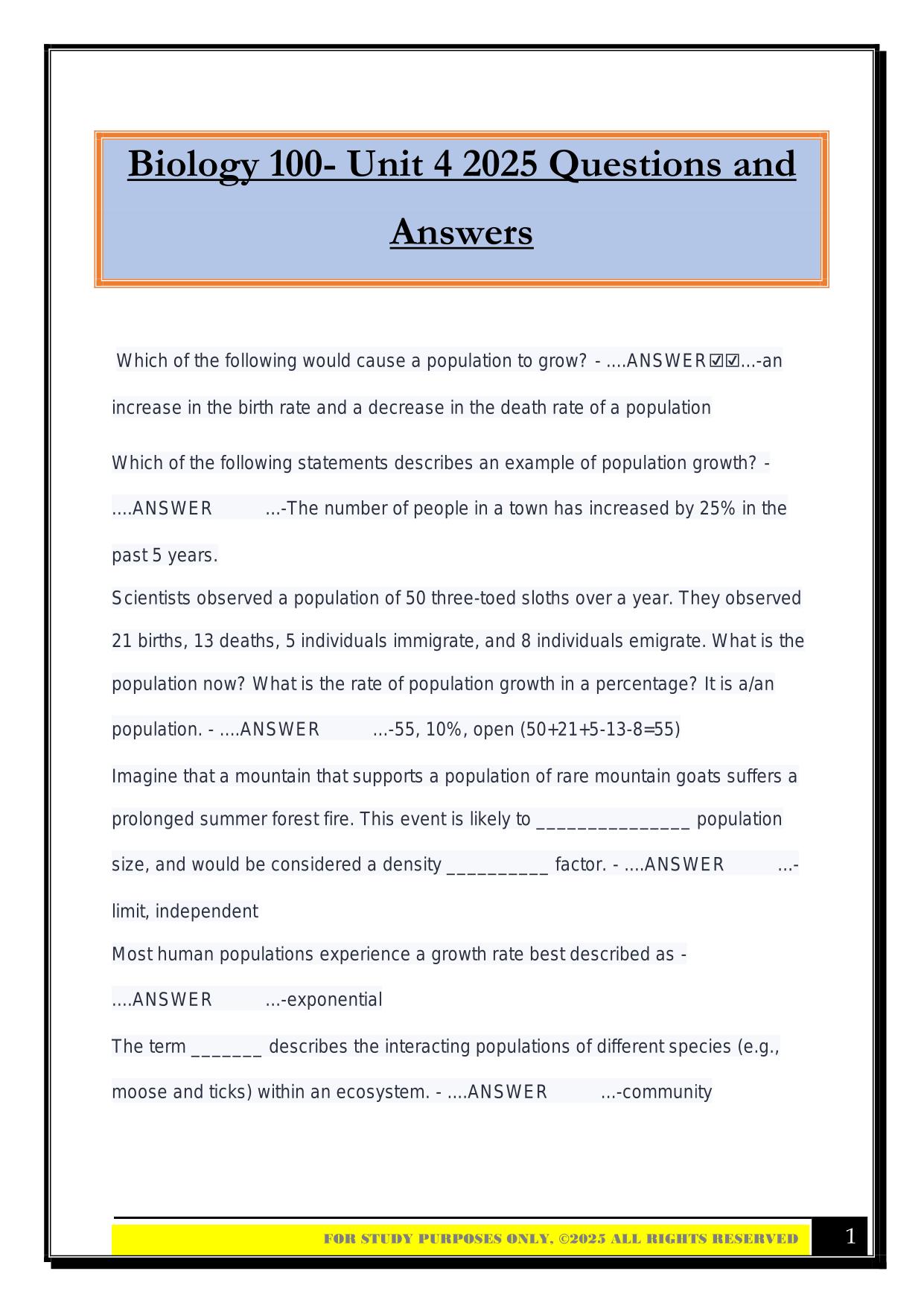 Biology 100- Unit 4 2025 Questions and Answers