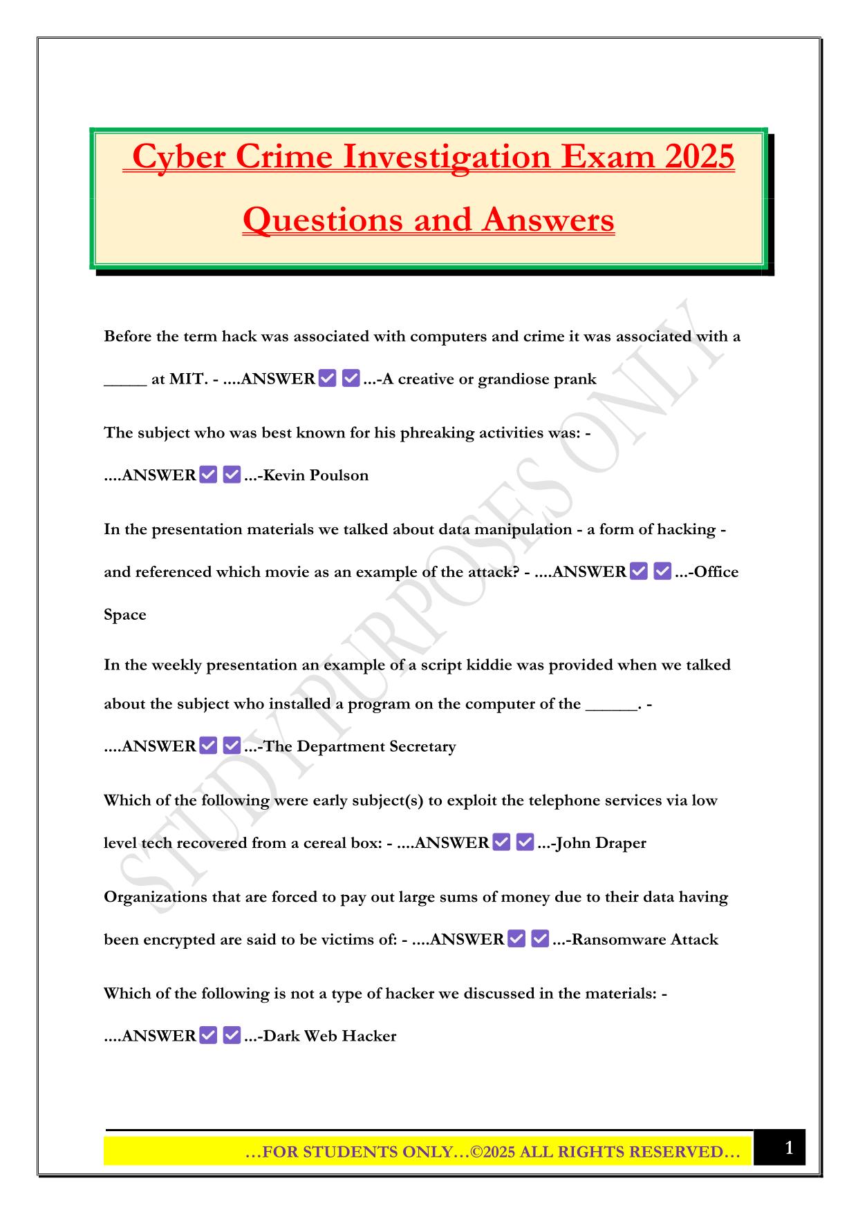 Cyber Crime Investigation Exam 2025 Questions and Answers