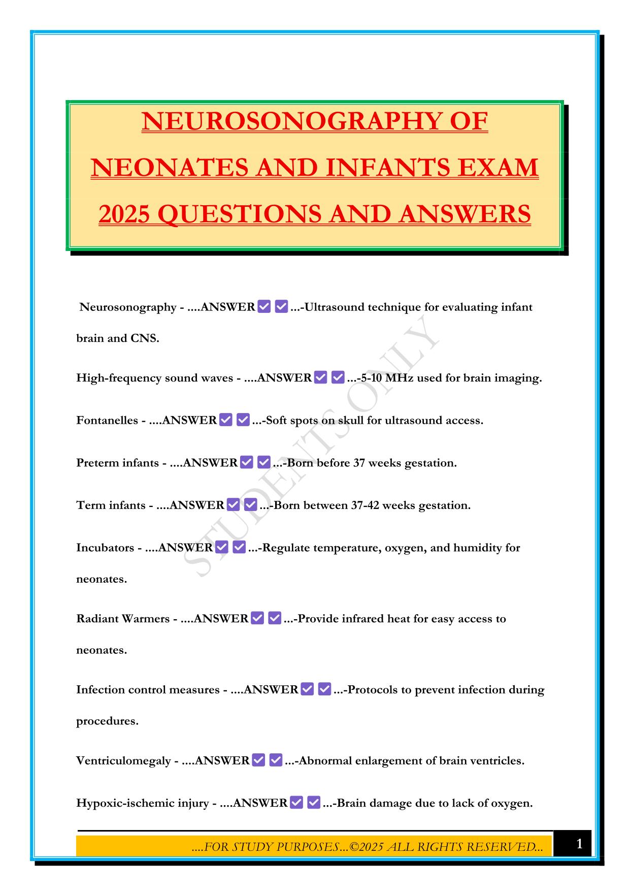 NEUROSONOGRAPHY OF NEONATES AND INFANTS EXAM 2025 QUESTIONS AND ANSWERS