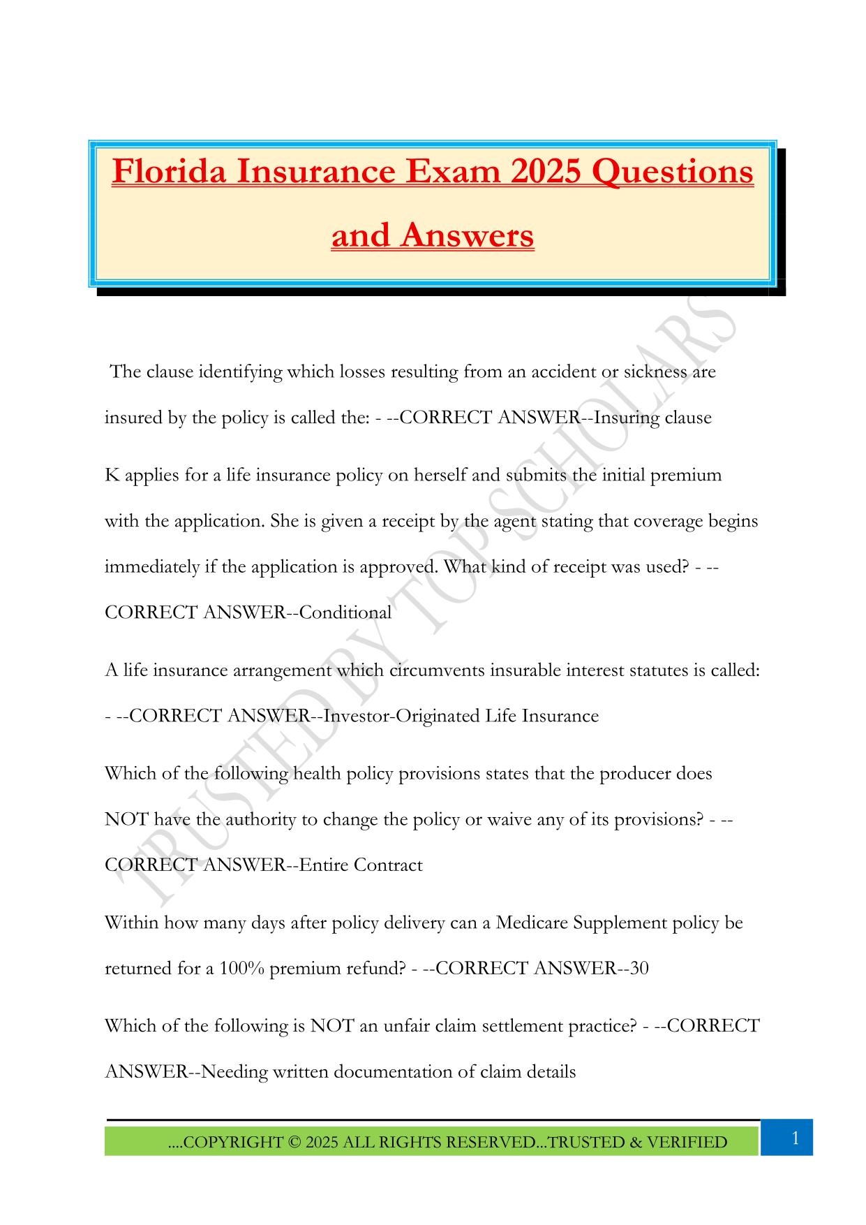 Florida Insurance Fall 2025 Bundled Exams Questions and Answers |100% Pass Updated & Verified