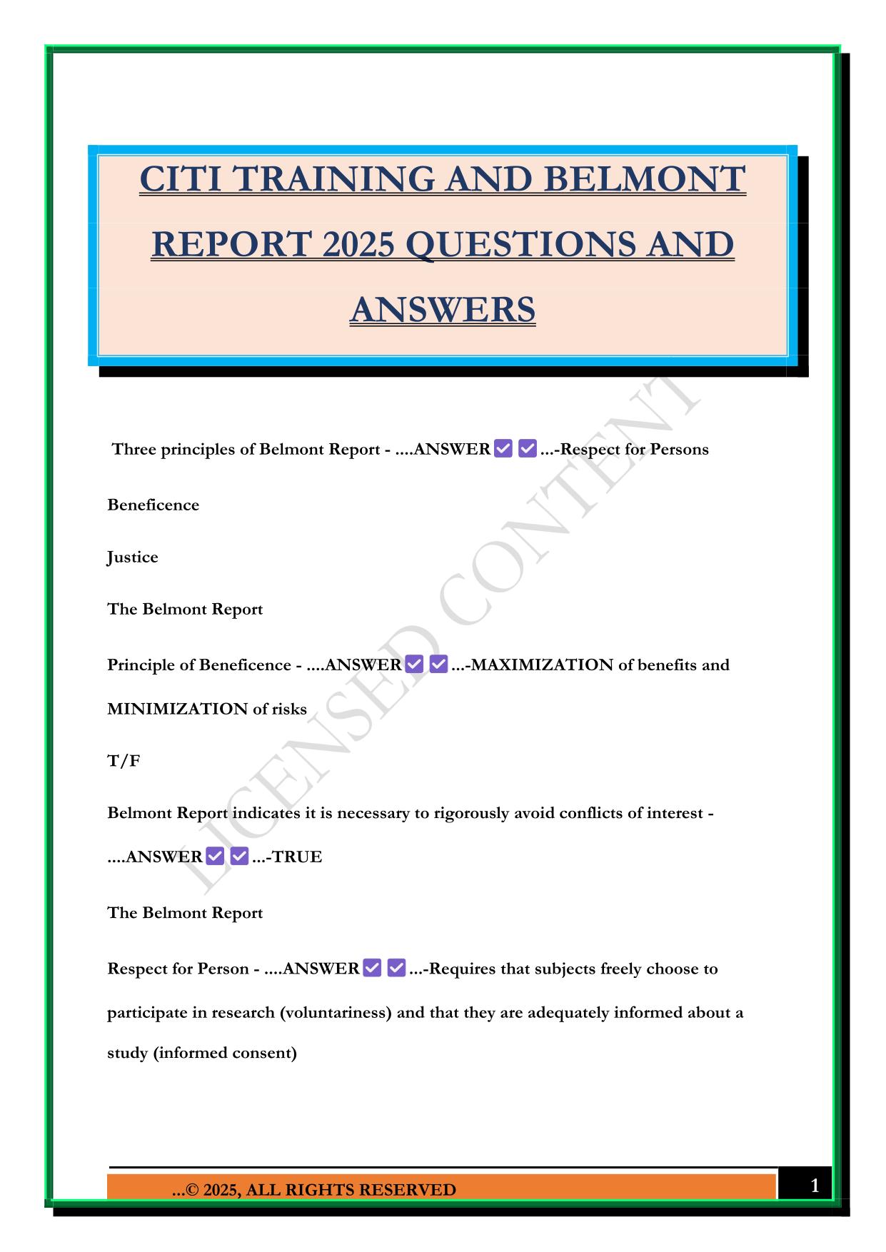 CITI TRAINING AND BELMONT REPORT 2025 QUESTIONS AND ANSWERS