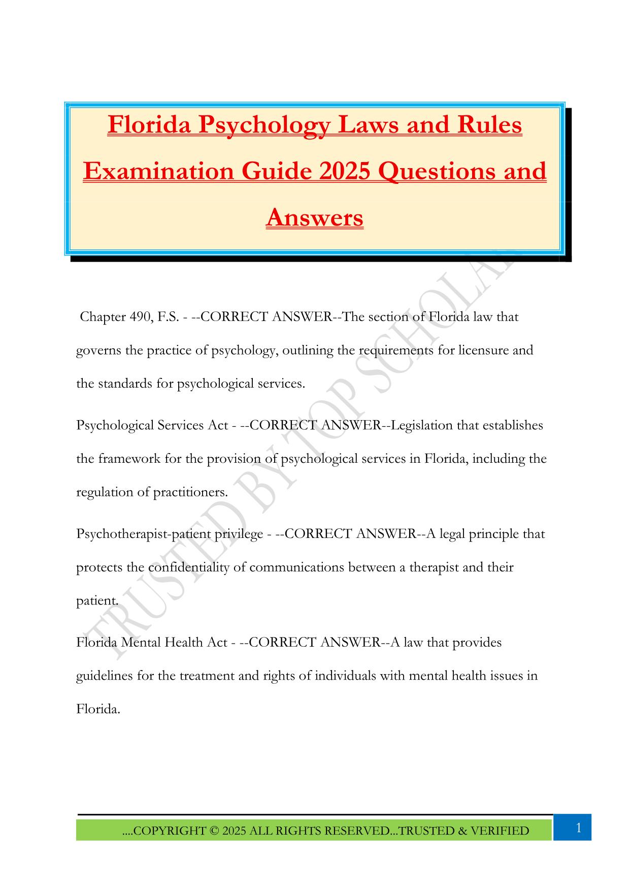 Florida Psychology Laws and Rules Examination Guide 2025 Questions and Answers