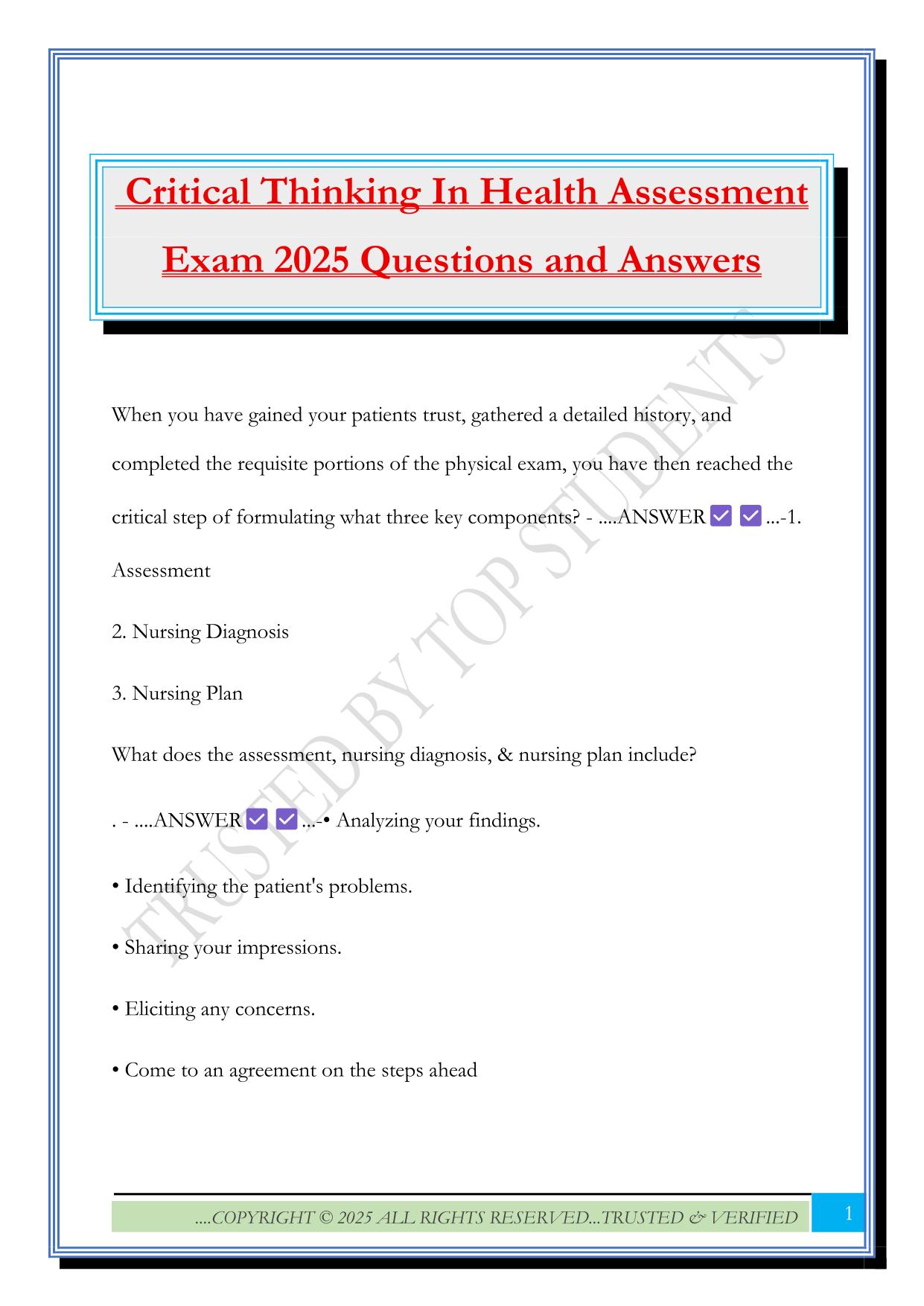 Critical Thinking In Health Assessment Exam 2025 Questions and Answers