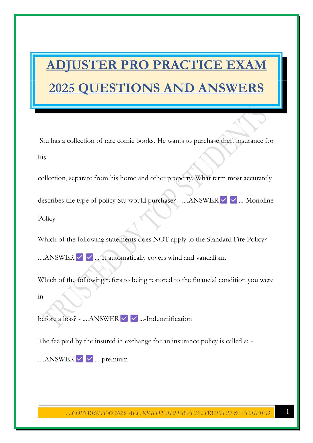 ADJUSTER PRO PRACTICE EXAM 2025 QUESTIONS AND ANSWERS