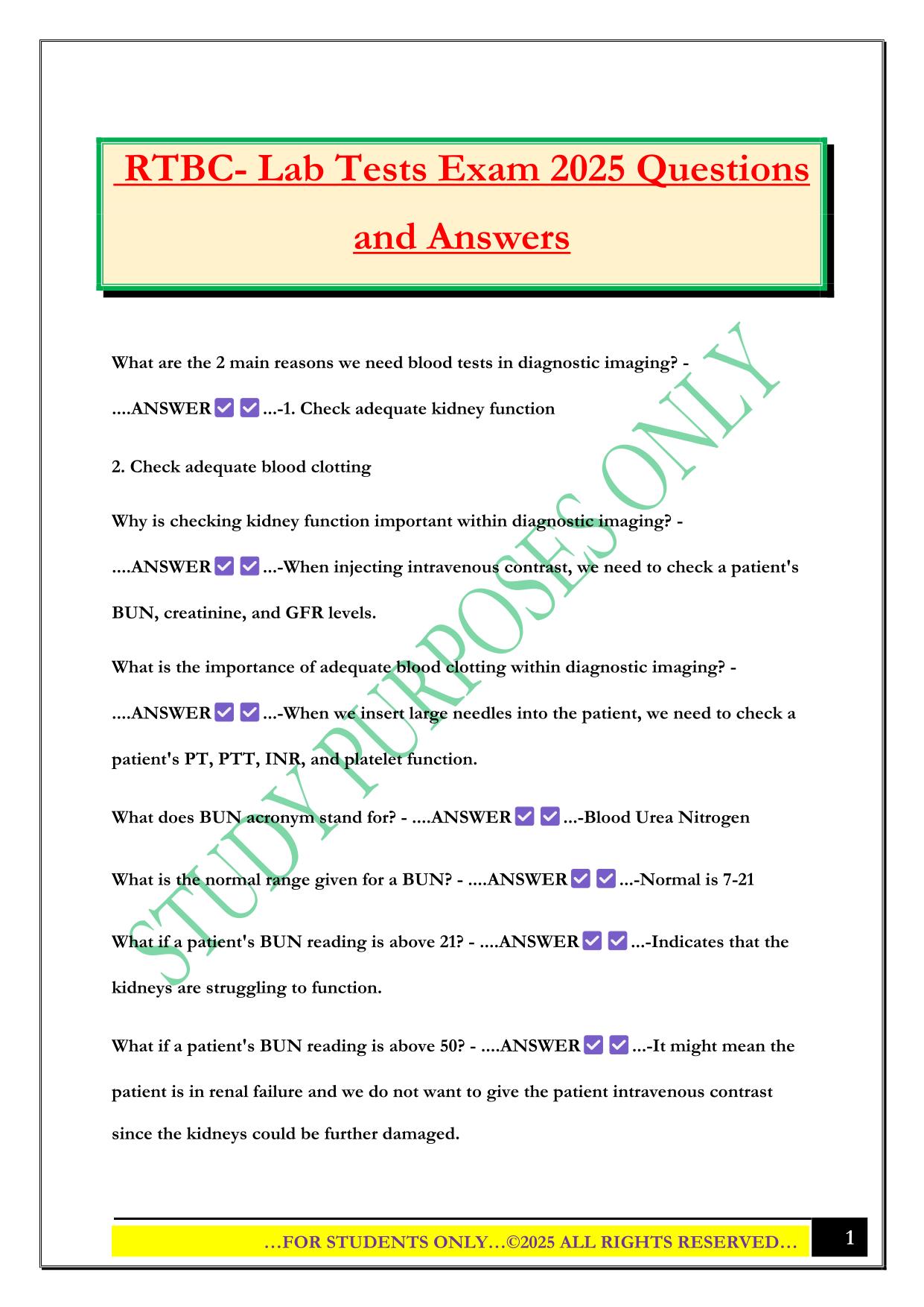 RTBC- Lab Tests Exam 2025 Questions and Answers